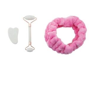 NIB Candie Couture Jade Roller Guasha Stone Headband Set 3 Piece Pink Set